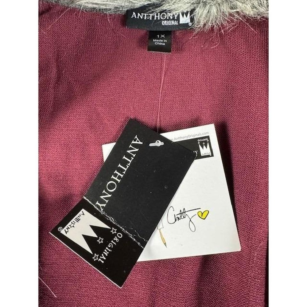 NWT Anthony Original‎ Burgundy Knit Cape Faux Fur Trim 1X Plus Size 3RL61AM - Picture 2 of 8